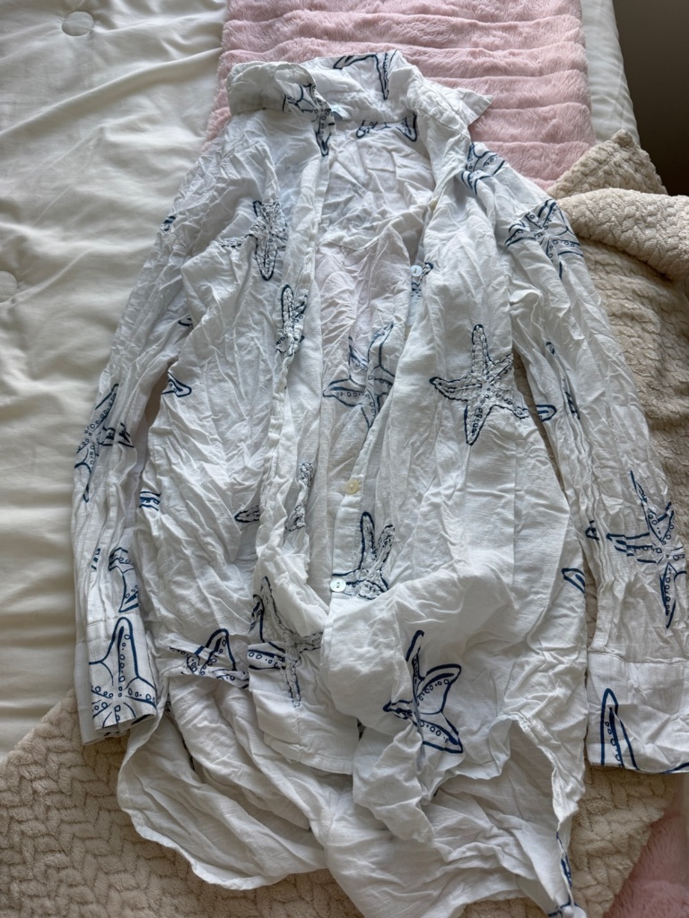 White Button-Up Shirt with Navy Starfish Print